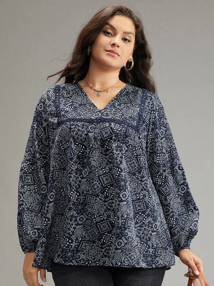 Bandana Lace Insert Lantern Sleeve Blouse - Image 3