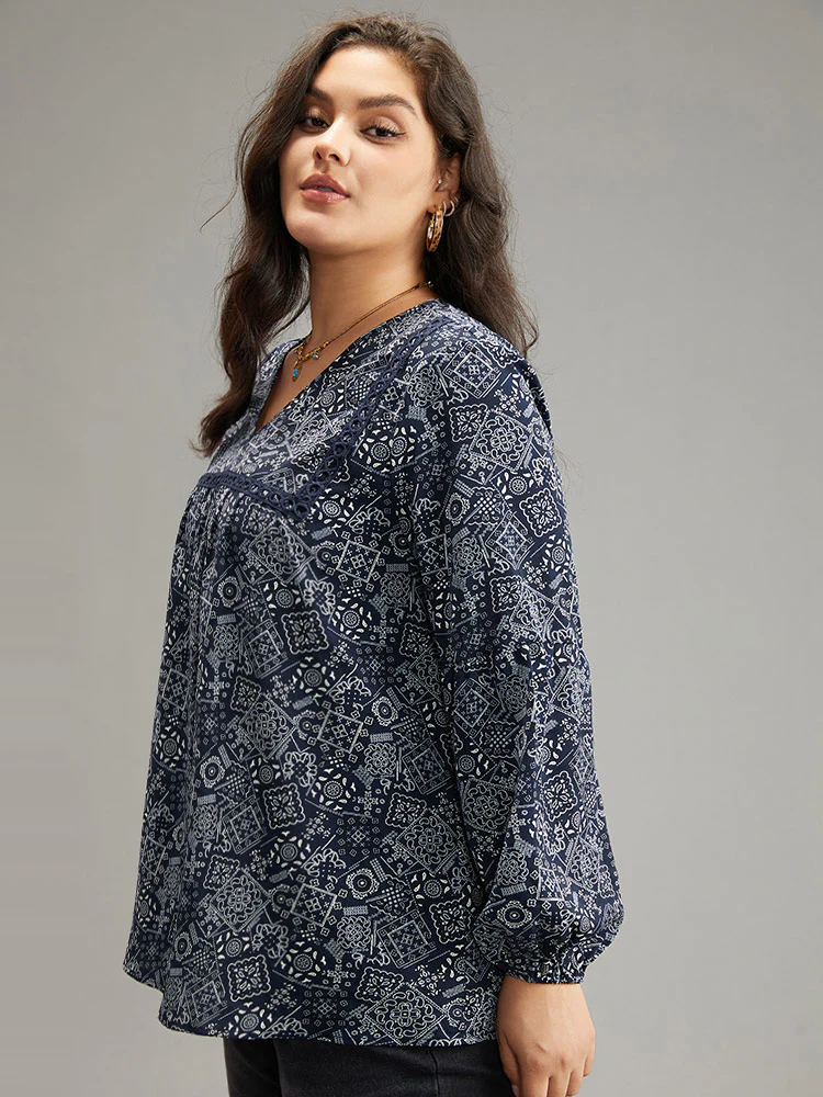 Bandana Lace Insert Lantern Sleeve Blouse - Image 4