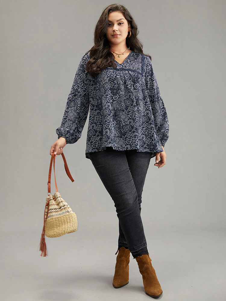 Bandana Lace Insert Lantern Sleeve Blouse - Image 5