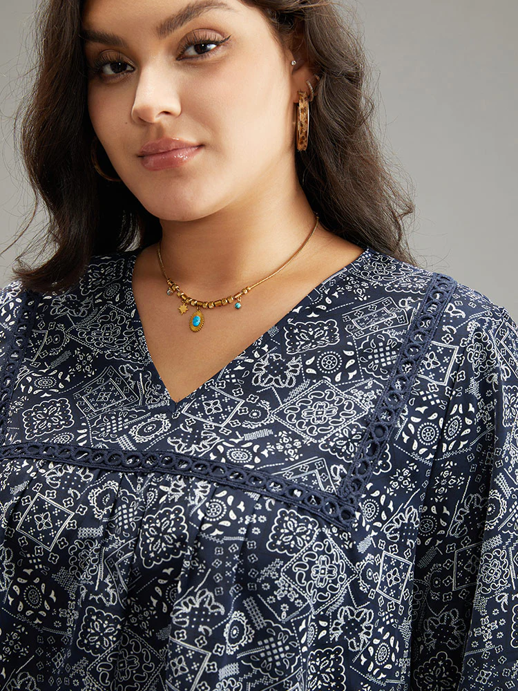 Bandana Lace Insert Lantern Sleeve Blouse - Image 6