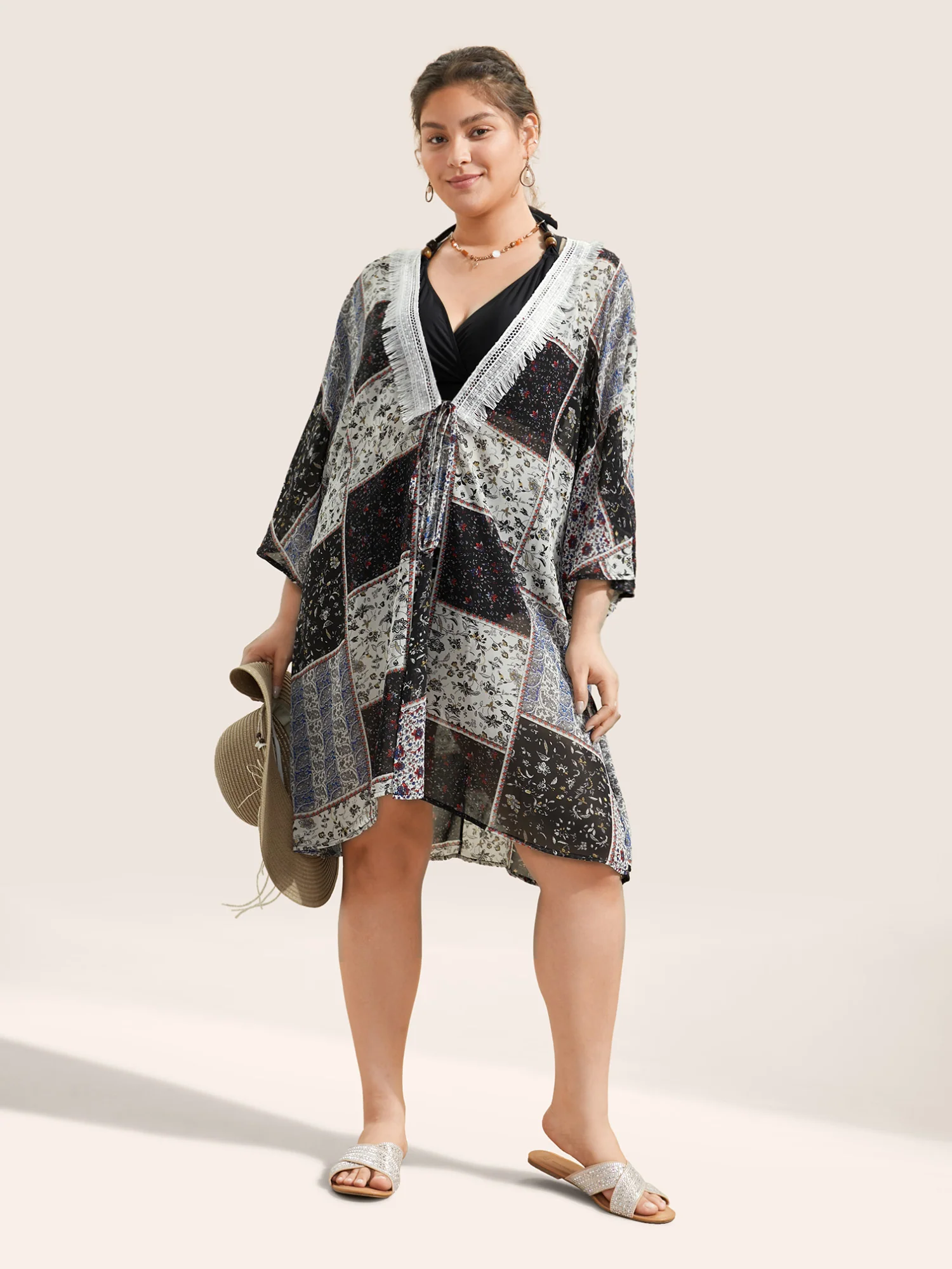 Bandana Lace Panel Ties Patchwork Mesh Kimono - Image 2