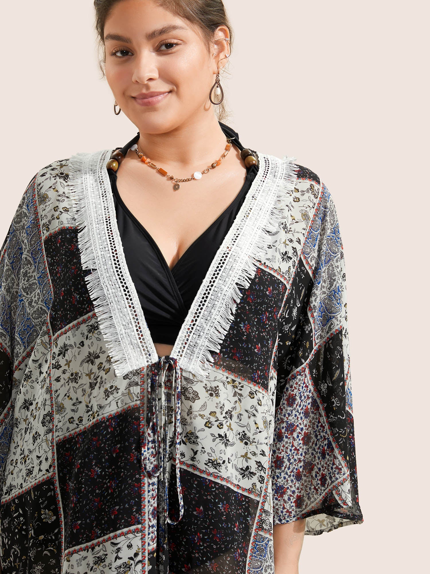 Bandana Lace Panel Ties Patchwork Mesh Kimono - Image 3