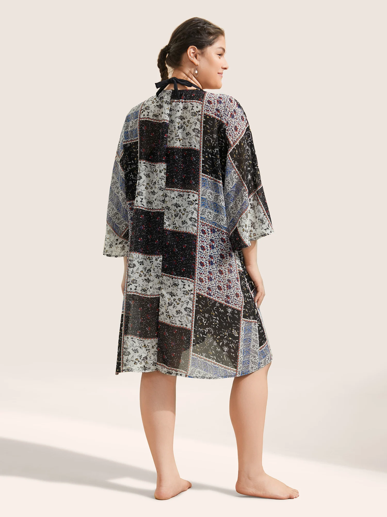 Bandana Lace Panel Ties Patchwork Mesh Kimono - Image 4