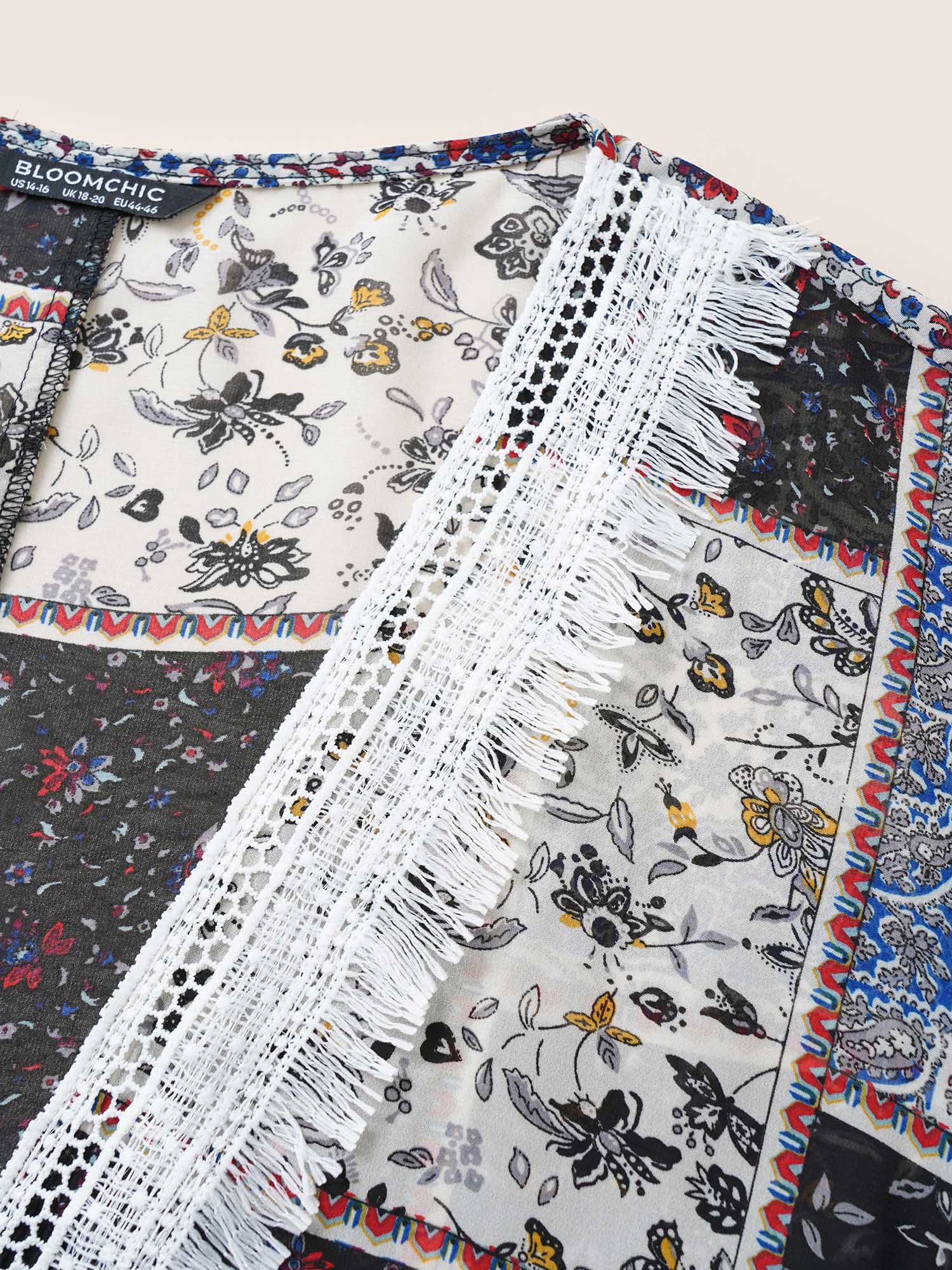 Bandana Lace Panel Ties Patchwork Mesh Kimono - Image 5