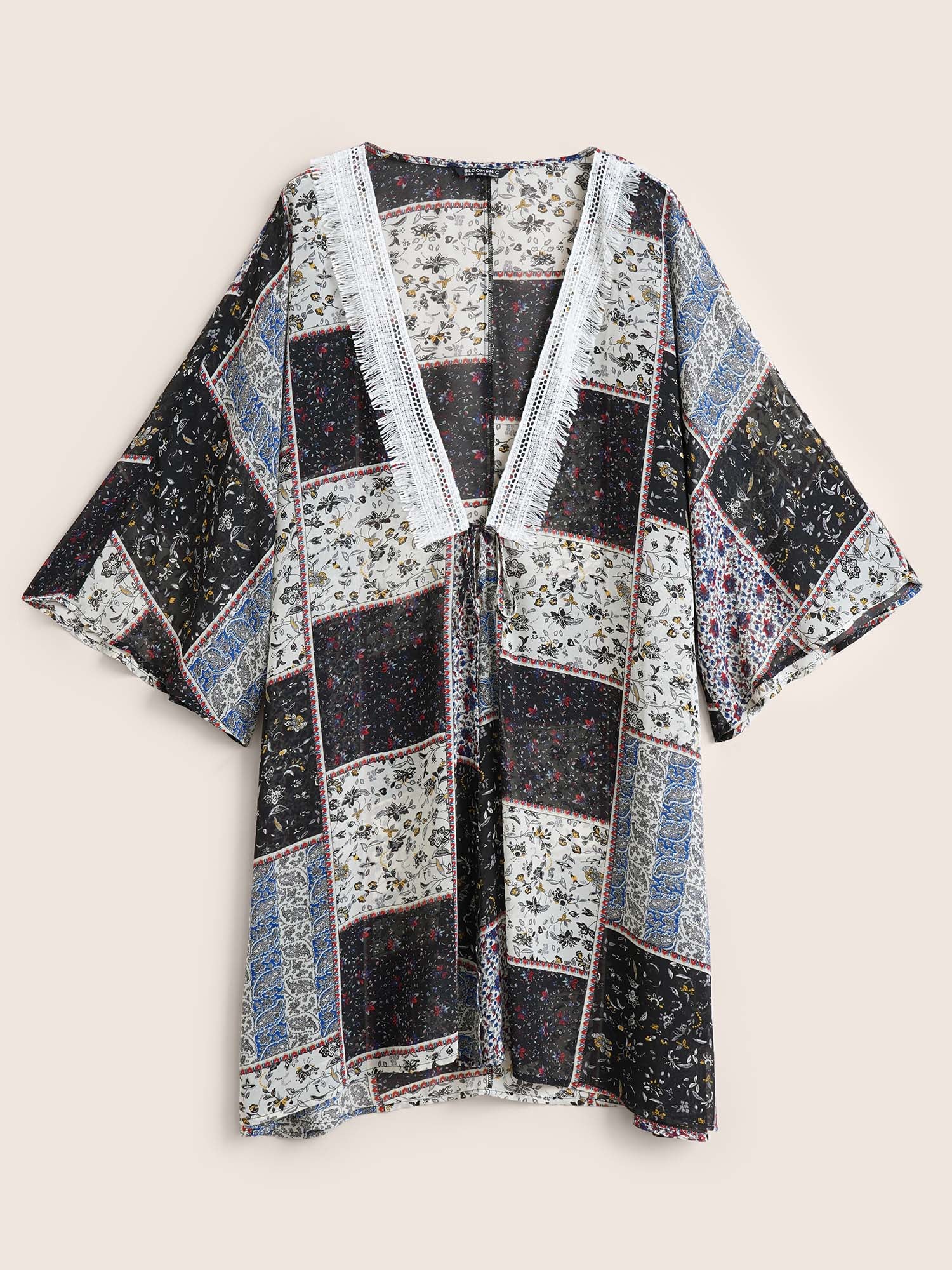Bandana Lace Panel Ties Patchwork Mesh Kimono - Image 7