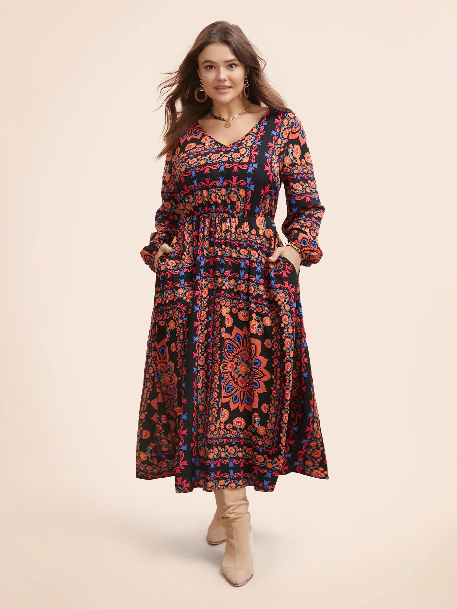 Bandana Lantern Sleeve Midi Dress
