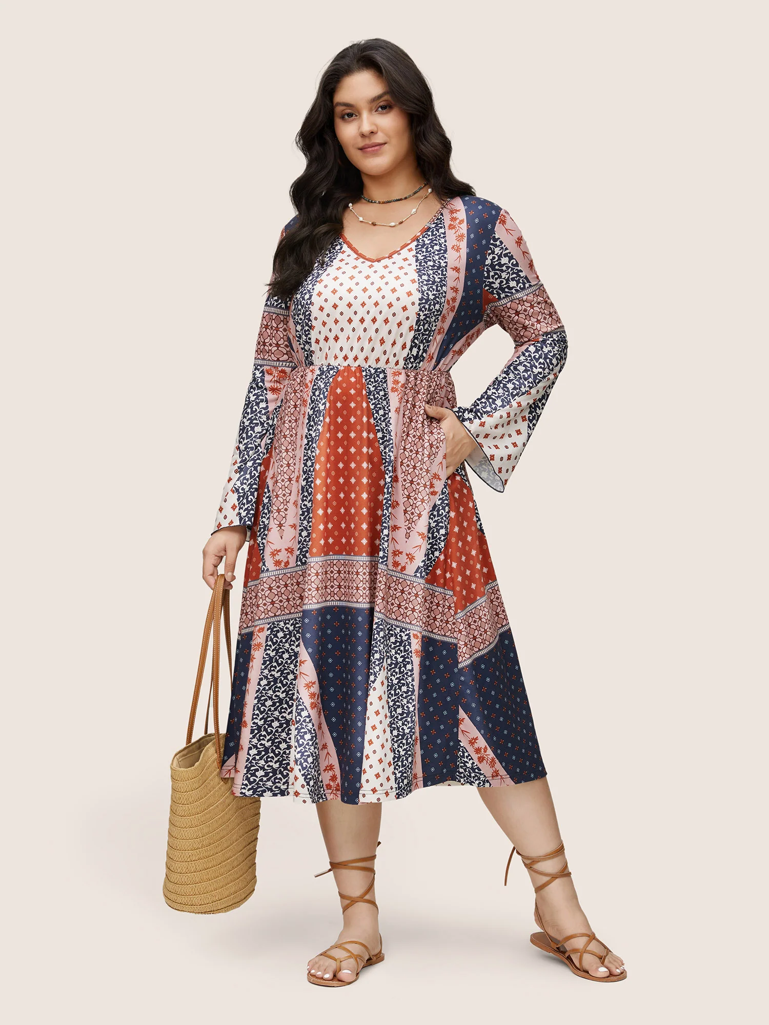 Bandana Patchwork Bell Sleeve Elastic Waist Dress - Image 2
