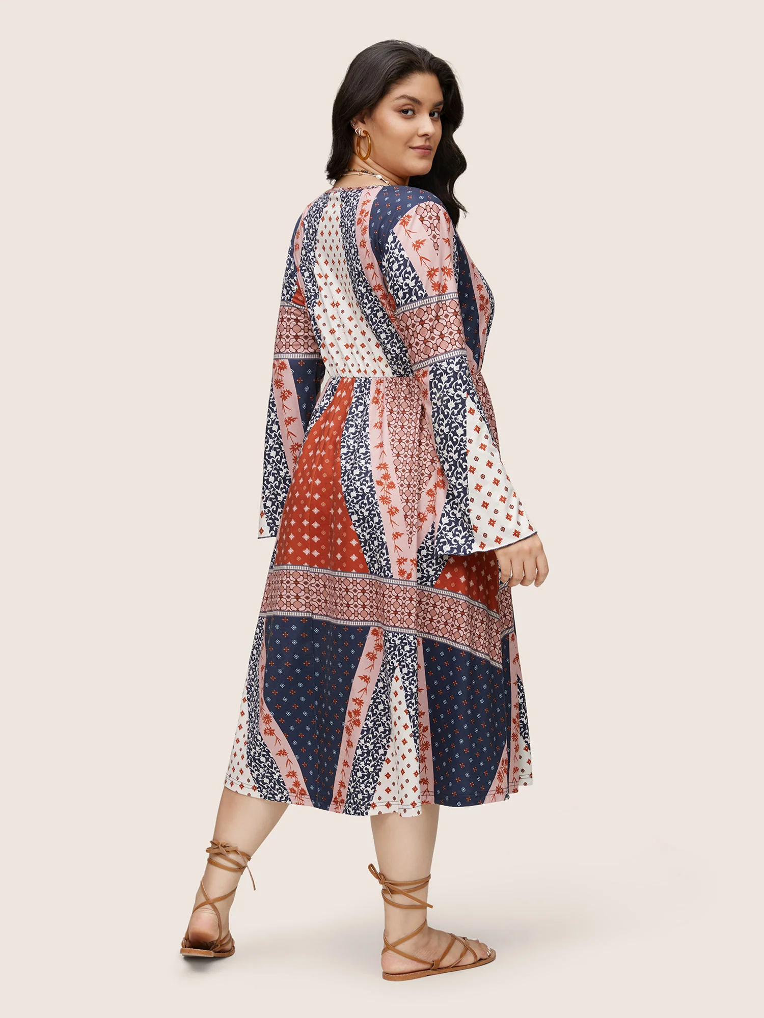 Bandana Patchwork Bell Sleeve Elastic Waist Dress - Image 3