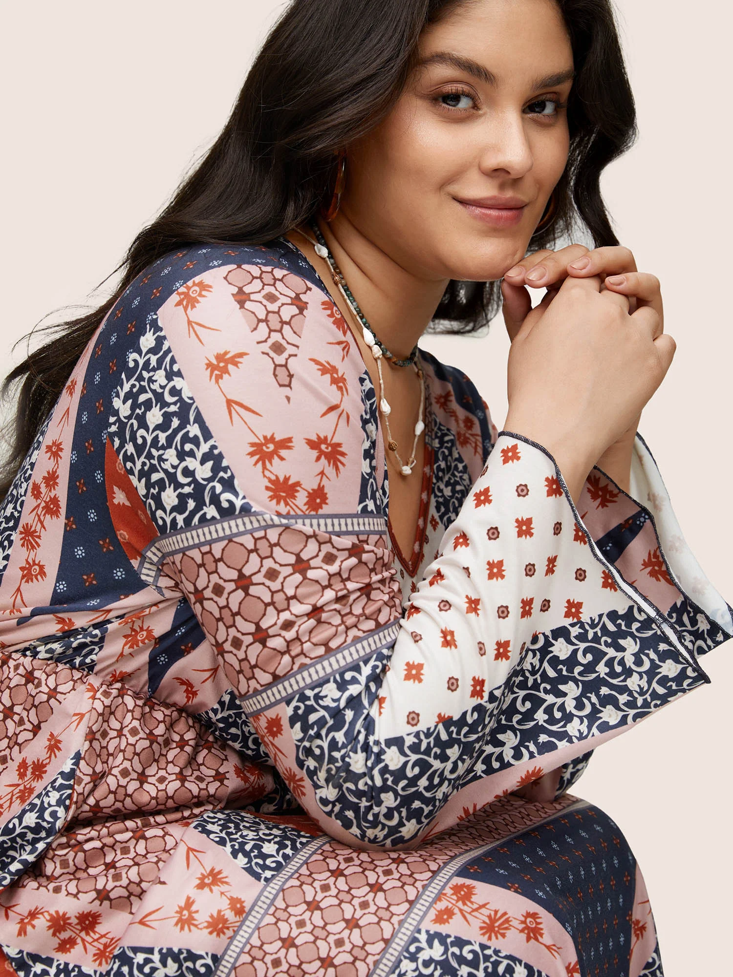 Bandana Patchwork Bell Sleeve Elastic Waist Dress - Image 4