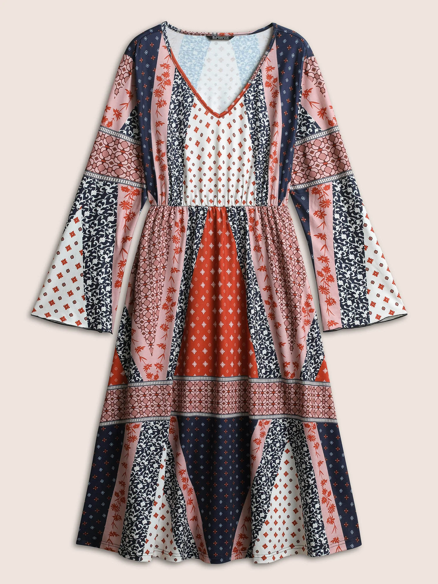 Bandana Patchwork Bell Sleeve Elastic Waist Dress - Image 7