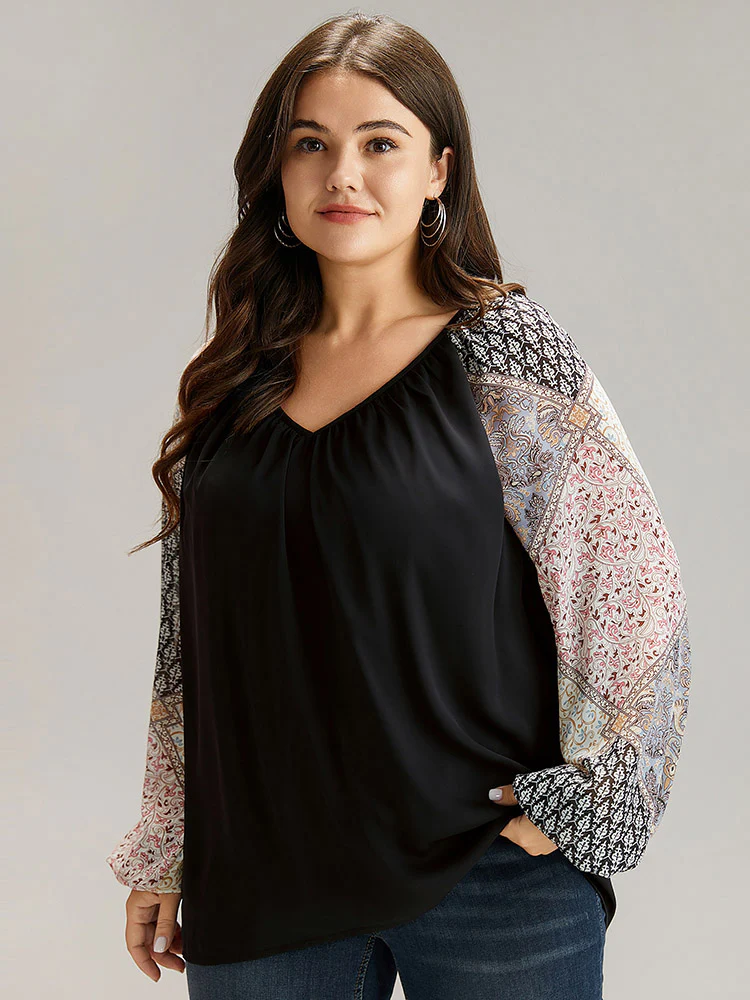 Bandana Patchwork Twill Contrast Lantern Sleeve Blouse