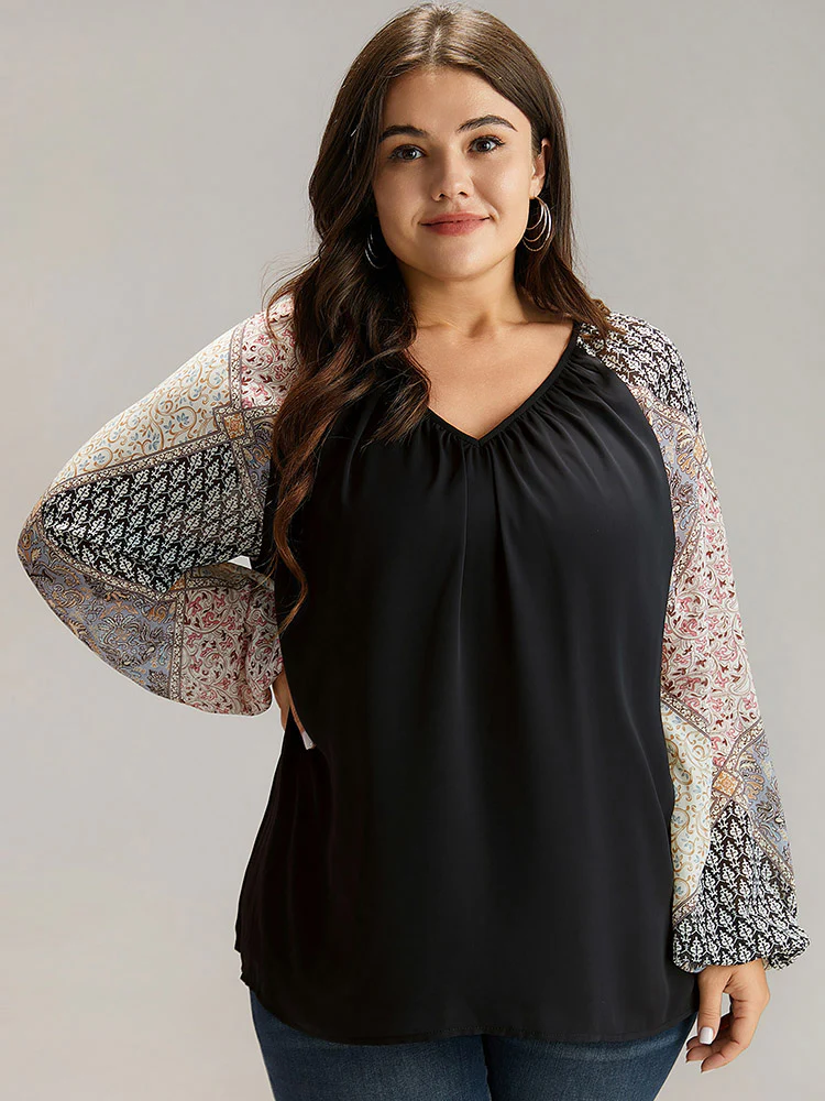 Bandana Patchwork Twill Contrast Lantern Sleeve Blouse - Image 2