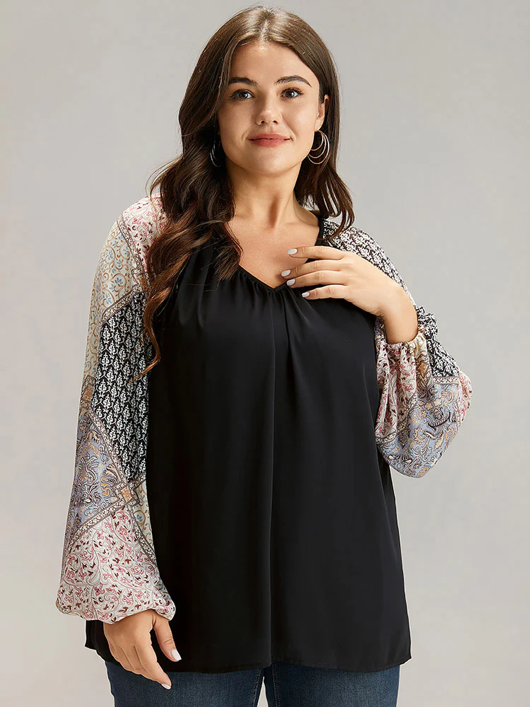 Bandana Patchwork Twill Contrast Lantern Sleeve Blouse - Image 3