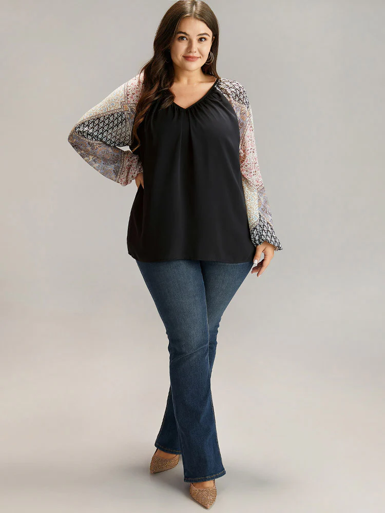 Bandana Patchwork Twill Contrast Lantern Sleeve Blouse - Image 4