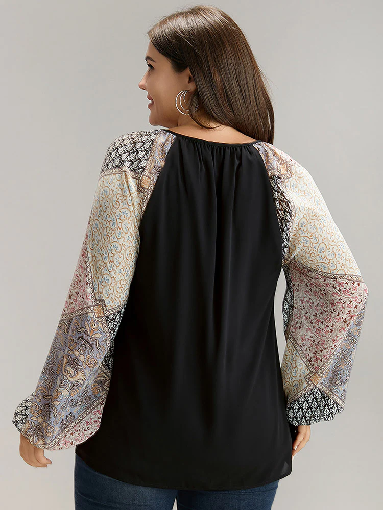 Bandana Patchwork Twill Contrast Lantern Sleeve Blouse - Image 5