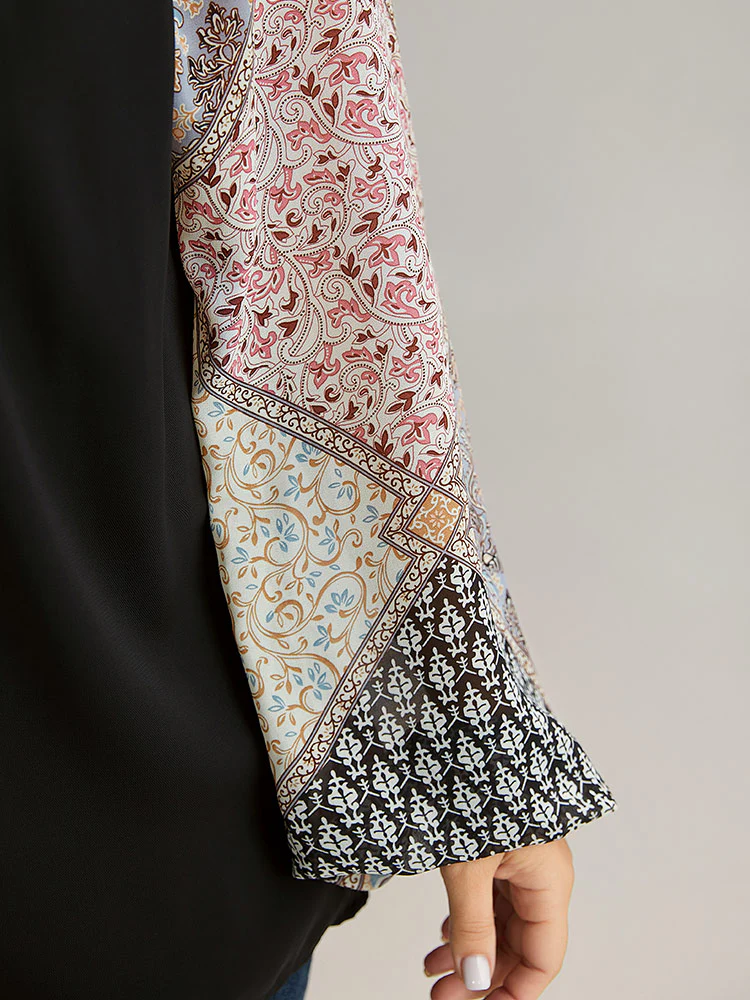 Bandana Patchwork Twill Contrast Lantern Sleeve Blouse - Image 7