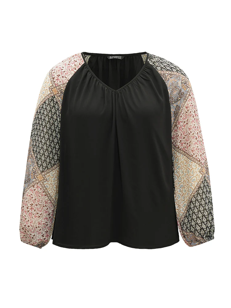 Bandana Patchwork Twill Contrast Lantern Sleeve Blouse - Image 8