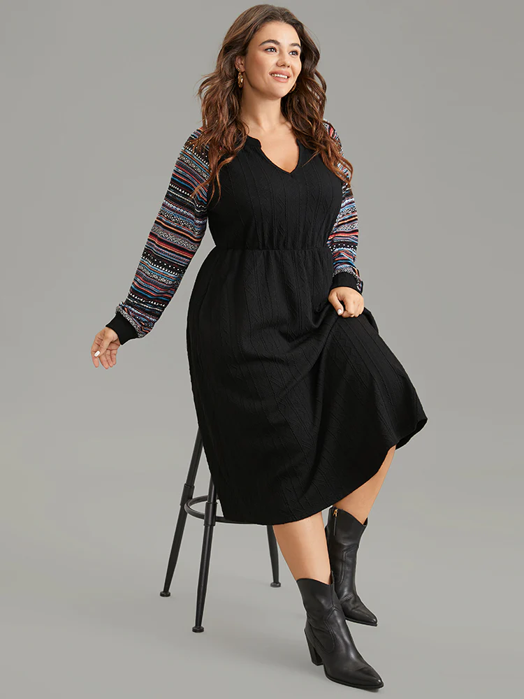 Bandana Patchwork Elastic Waist Notched Dress - Image 4
