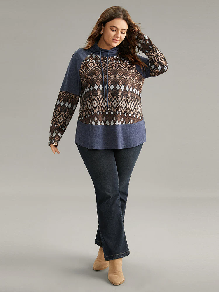 Bandana Patchwork Mock Neck Raglan Sleeve Sweatshirt - Image 3