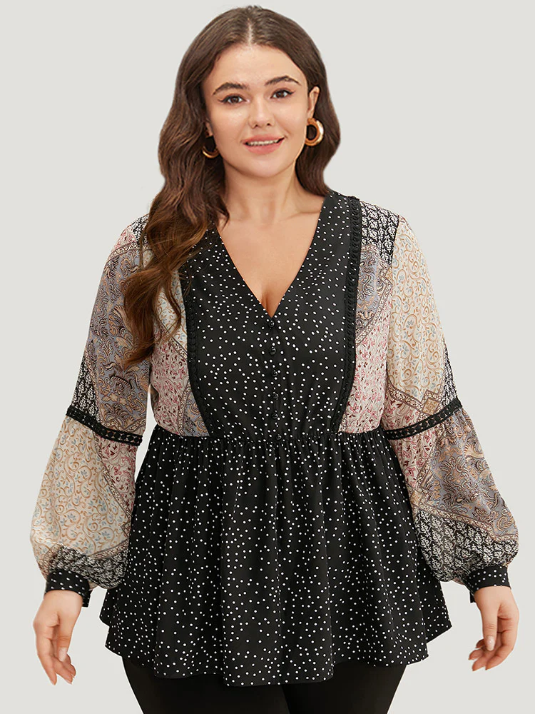 Bandana Polka Dot Patchwork Contrast Blouse - Image 2