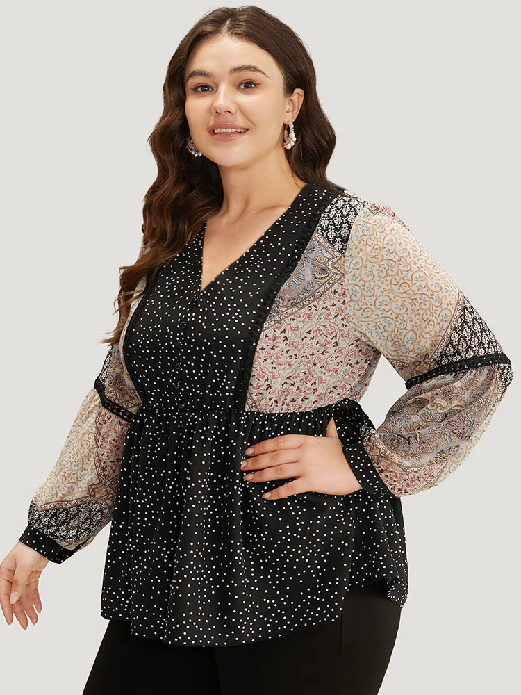Bandana Polka Dot Patchwork Contrast Blouse - Image 3