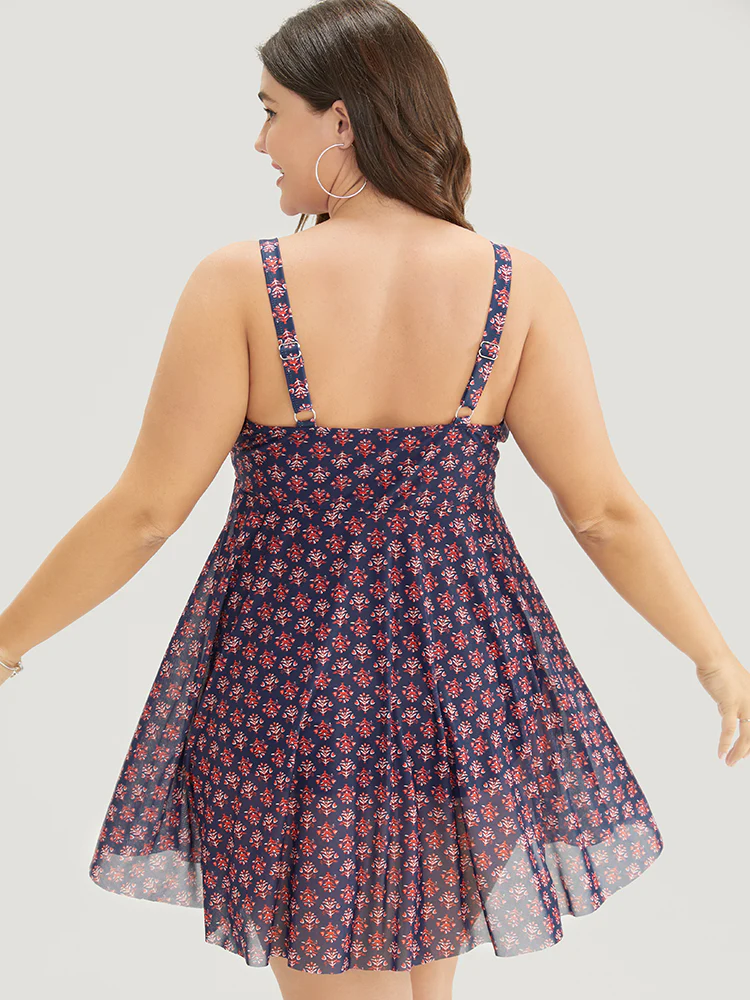 Bandana Print Adjustable Straps Mesh Ruffles Swim Dress - Image 3