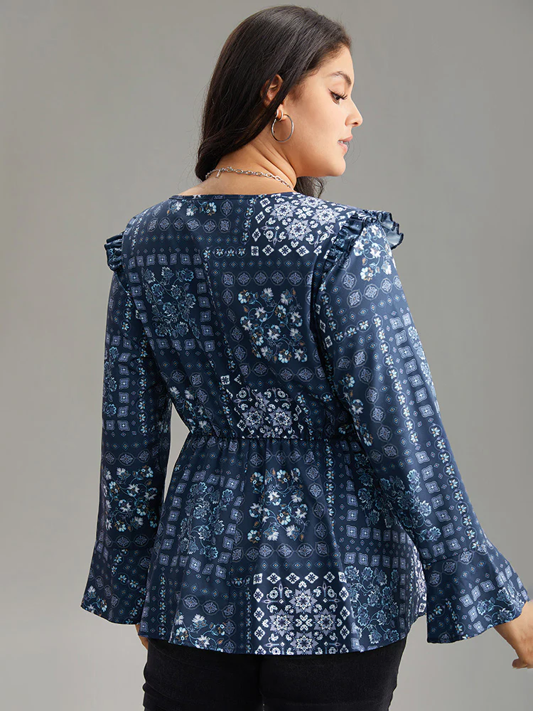 Bandana Print Bowknot Frill Trim Blouse - Image 2
