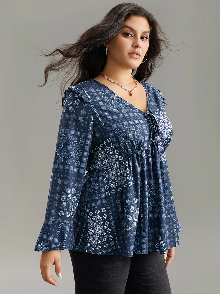 Bandana Print Bowknot Frill Trim Blouse - Image 3