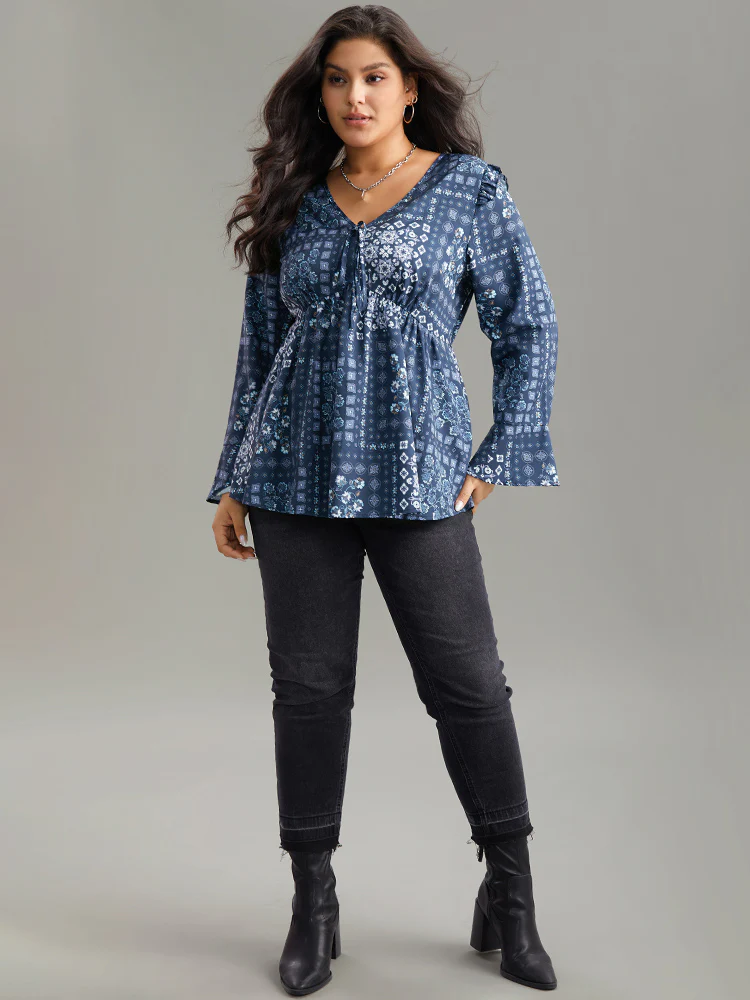 Bandana Print Bowknot Frill Trim Blouse - Image 4