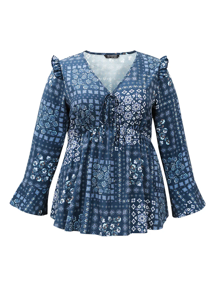 Bandana Print Bowknot Frill Trim Blouse - Image 8