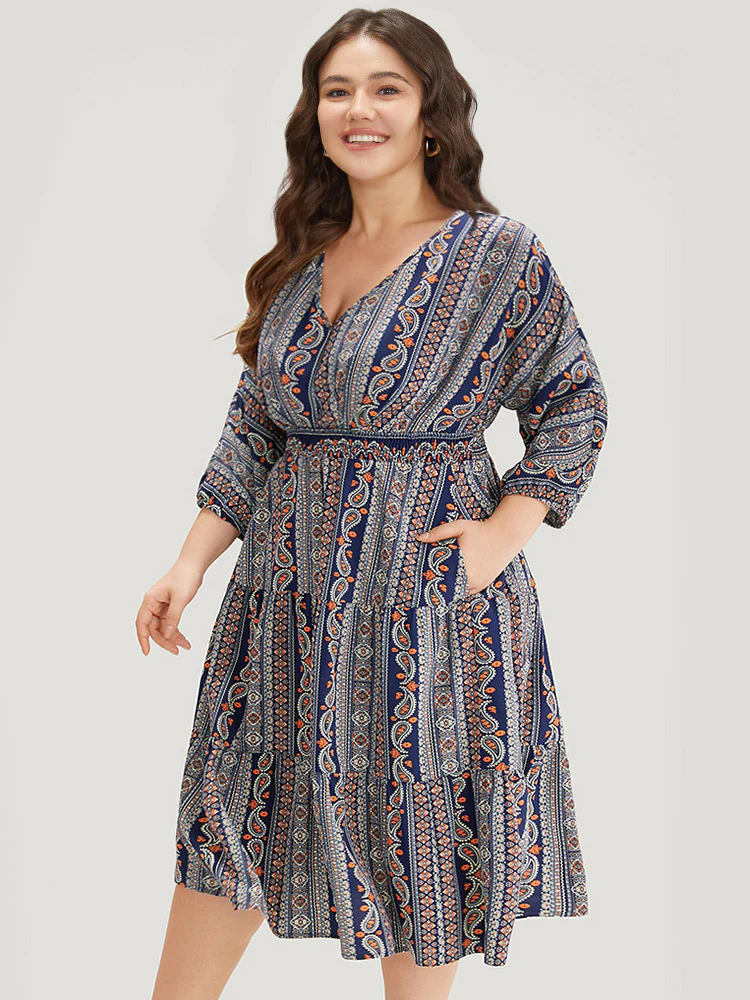 Bandana Print Elastic Cuffs Layered Hem Dress - Image 3