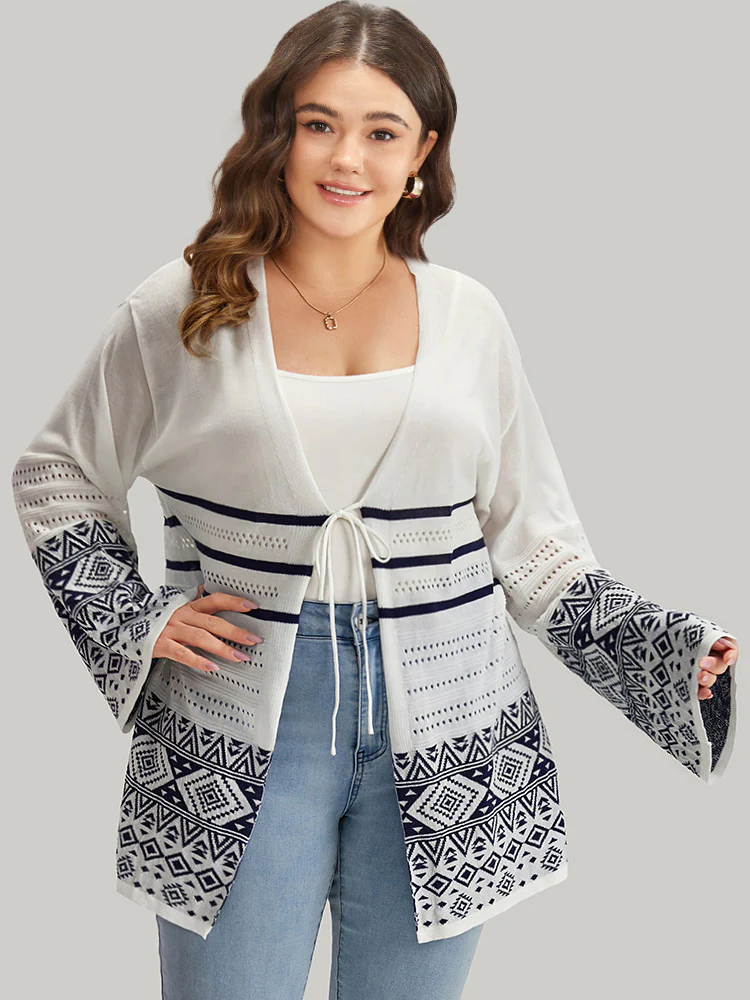 Bandana Print Geo Eyelet Ties Front Cardigan - Image 3
