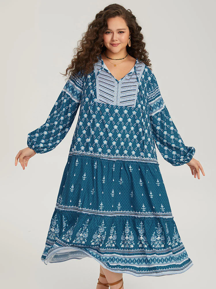 Bandana Print Knot Neck Lantern Sleeve Dress - Image 2