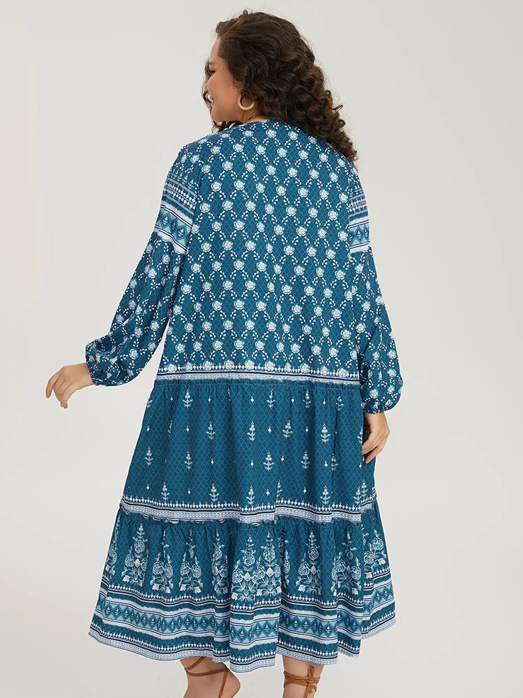 Bandana Print Knot Neck Lantern Sleeve Dress - Image 3
