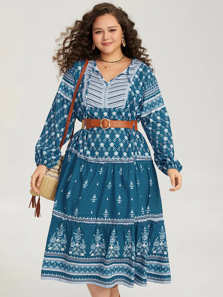 Bandana Print Knot Neck Lantern Sleeve Dress - Image 4
