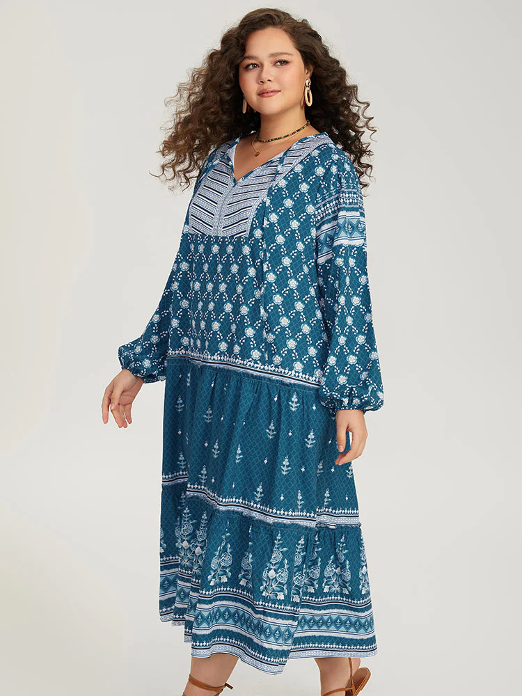 Bandana Print Knot Neck Lantern Sleeve Dress - Image 5