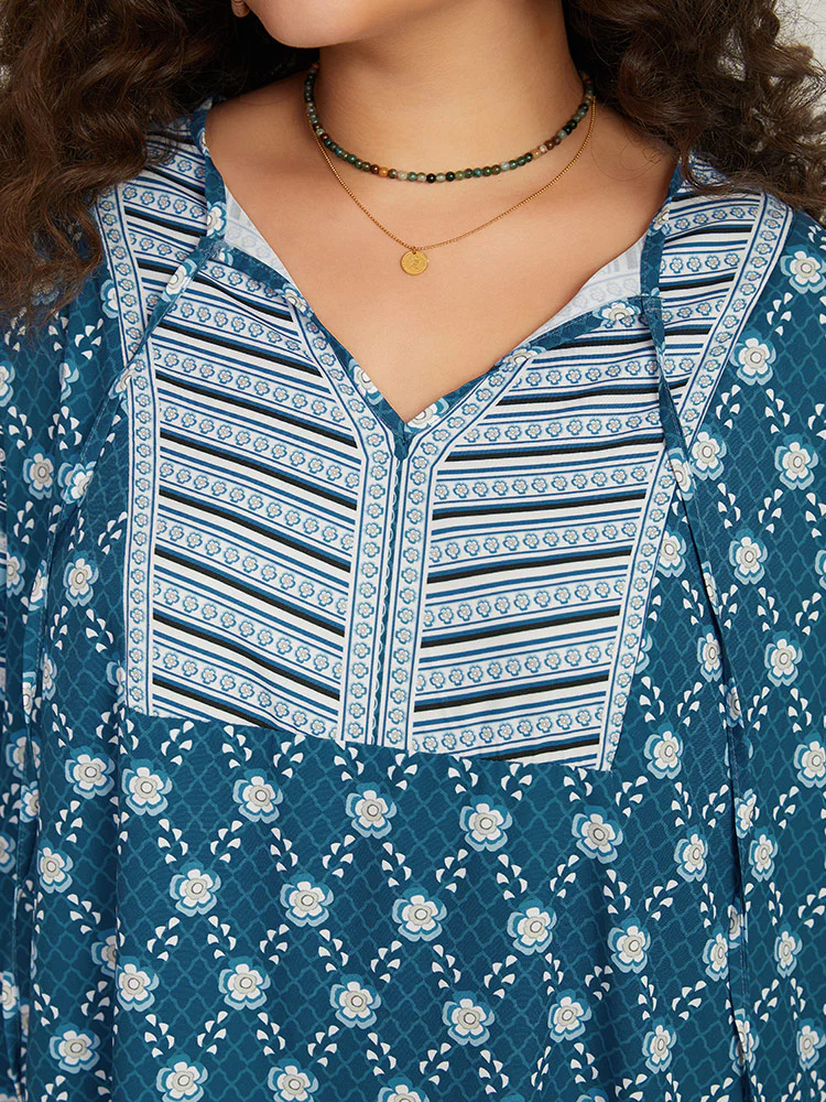 Bandana Print Knot Neck Lantern Sleeve Dress - Image 6