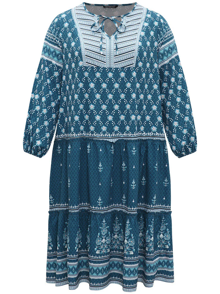 Bandana Print Knot Neck Lantern Sleeve Dress - Image 9