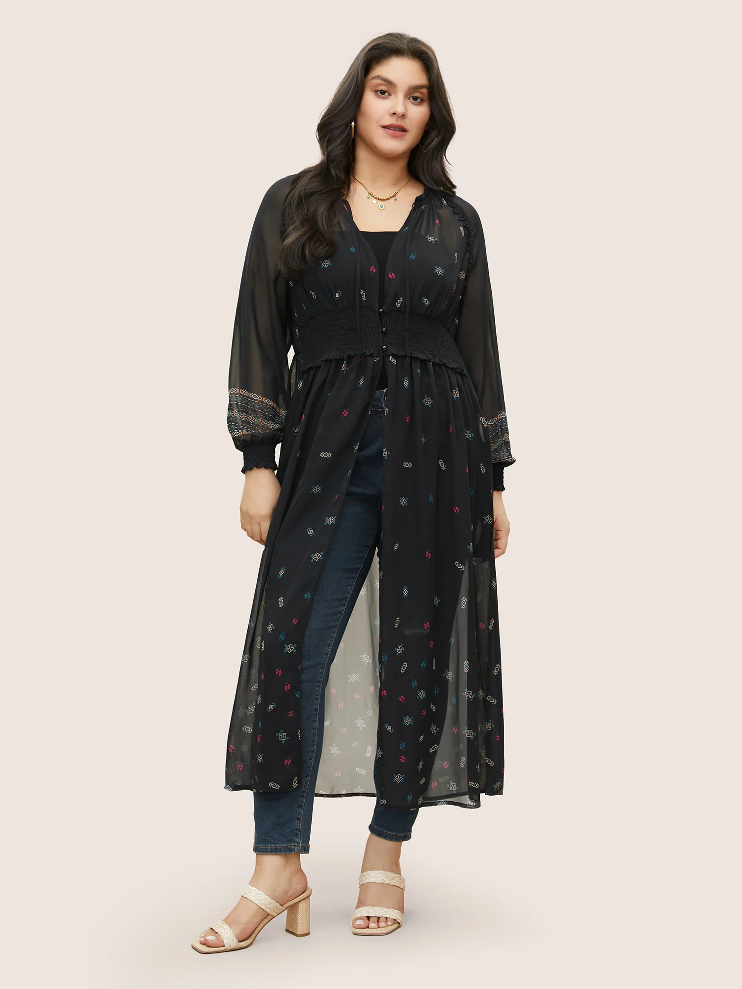 Bandana Print Mesh Shirred Split Side Kimono - Image 2