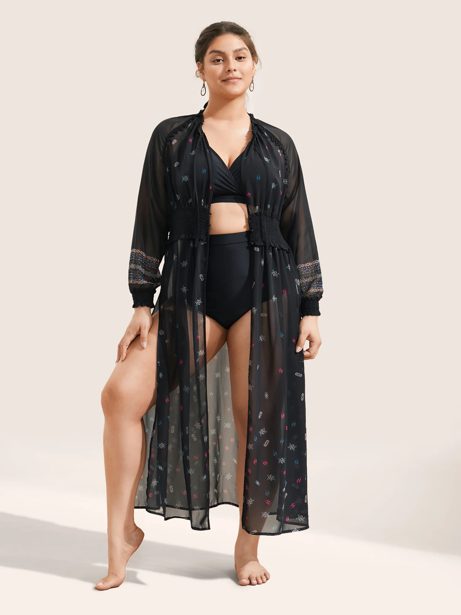 Bandana Print Mesh Shirred Split Side Kimono - Image 4