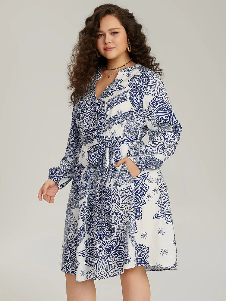 Bandana Print Notched Belted Dress - Image 3
