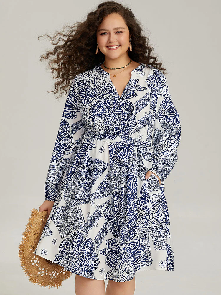 Bandana Print Notched Belted Dress - Image 5