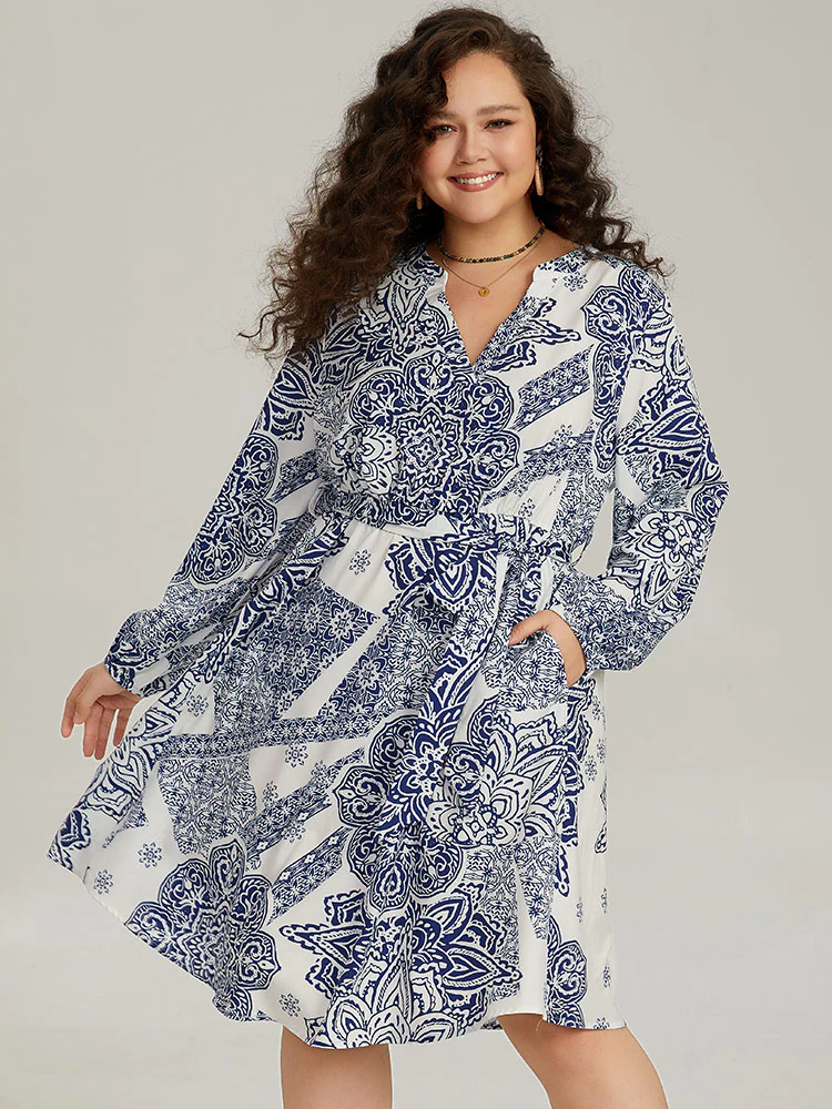 Bandana Print Notched Belted Dress - Image 6