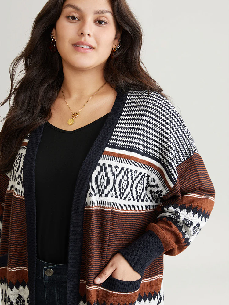 Bandana Print Open Front Patched Pocket Cardigan - Image 3