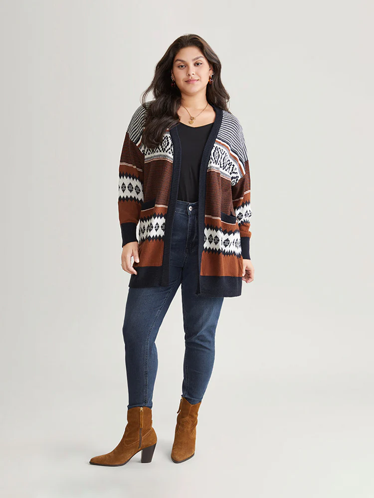 Bandana Print Open Front Patched Pocket Cardigan - Image 4