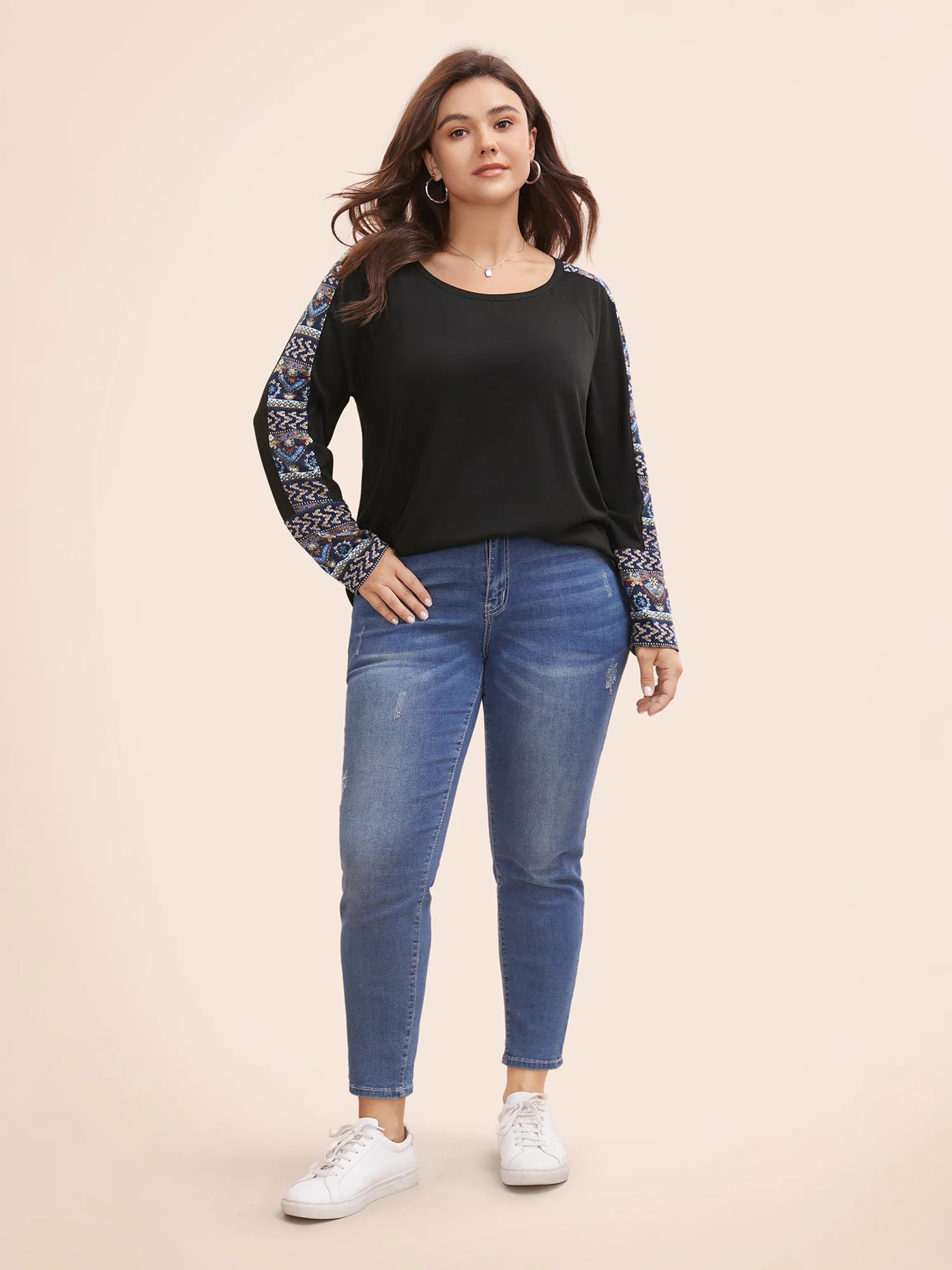 Bandana Print Patchwork Round Neck T-shirt - Image 3