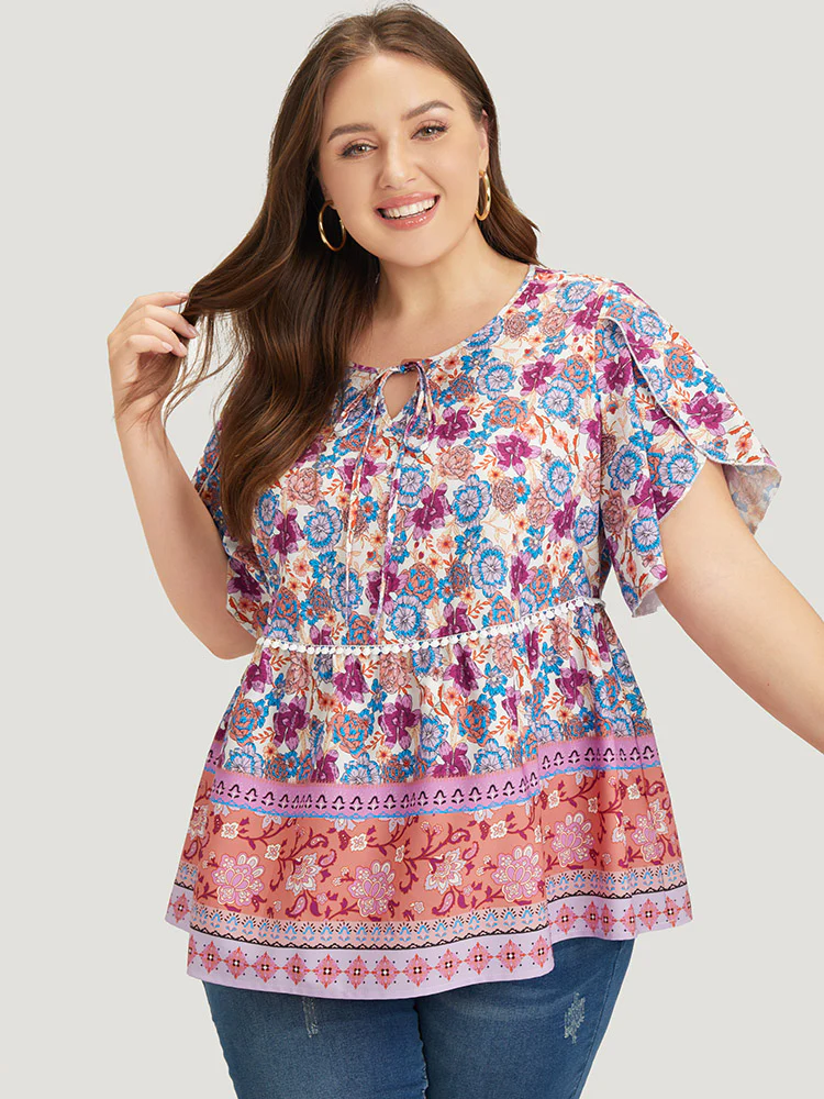 Bandana Print Petal Sleeve Tie Neck  Pompom Trim Blouse - Image 2