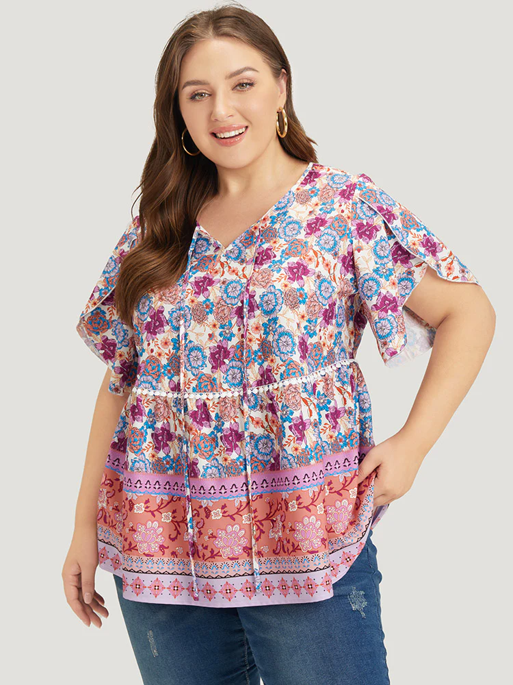 Bandana Print Petal Sleeve Tie Neck  Pompom Trim Blouse - Image 3
