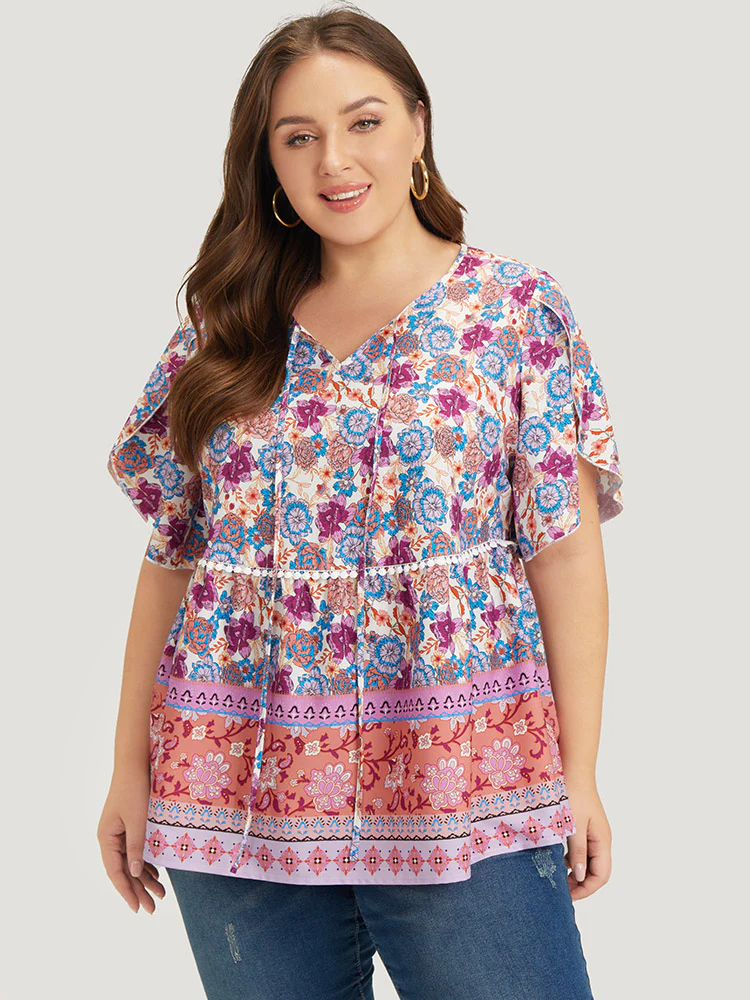 Bandana Print Petal Sleeve Tie Neck  Pompom Trim Blouse - Image 4