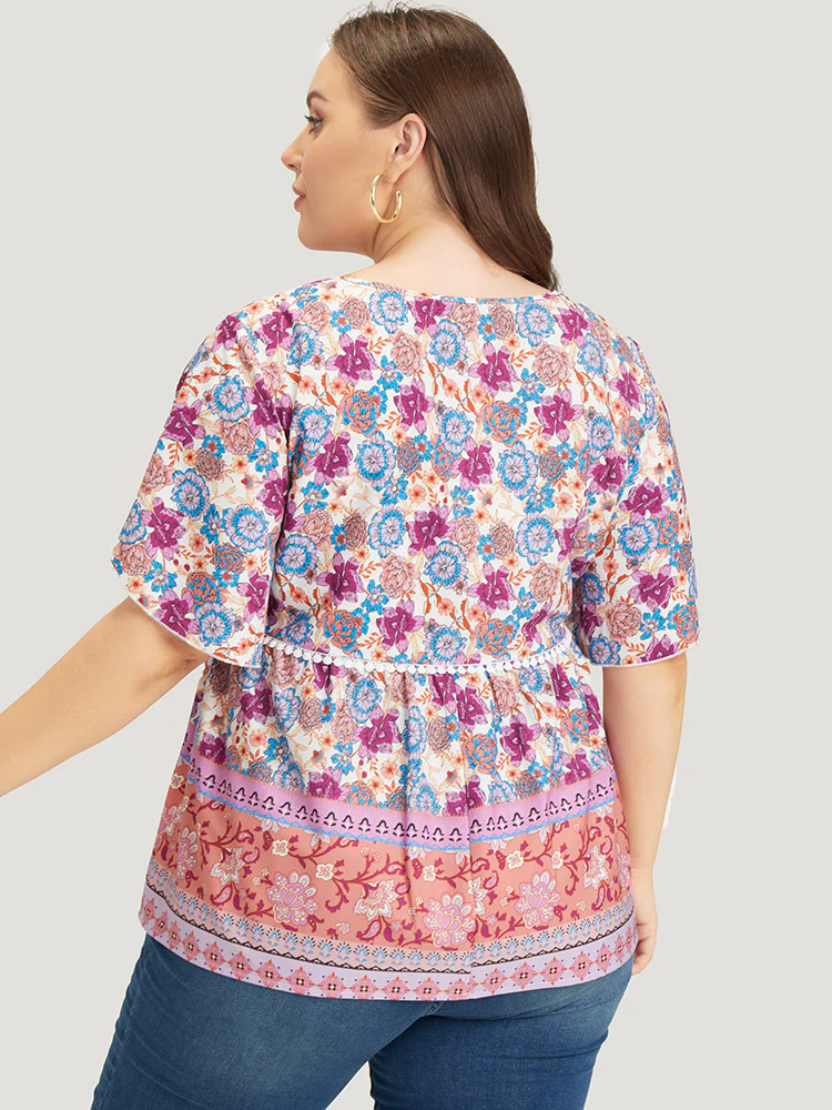 Bandana Print Petal Sleeve Tie Neck  Pompom Trim Blouse - Image 5